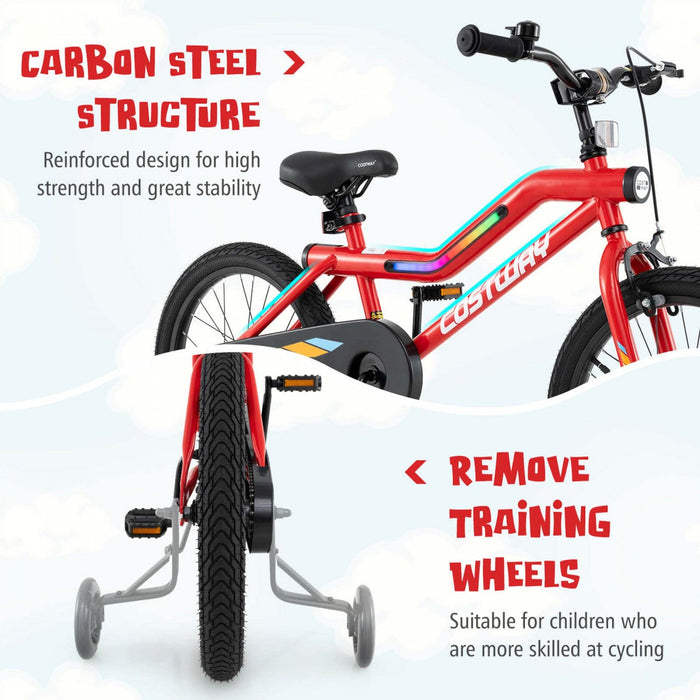 Costway 18" Led Lighted Kids Bike With Adjustable Seat Coaster Brake Training Wheels Red