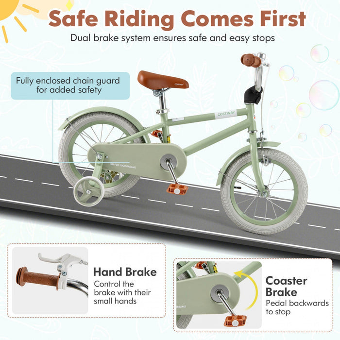 Costway 14" Kids Bike With Adjustable Saddle Handlebar Removable Training Wheels Handbrake Green