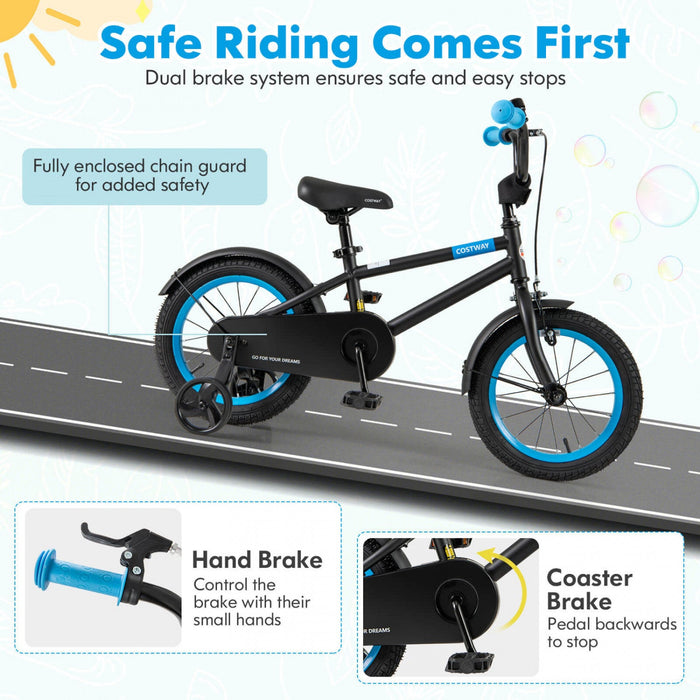 Costway 14" Kids Bike With Adjustable Saddle Handlebar Removable Training Wheels Handbrake Black