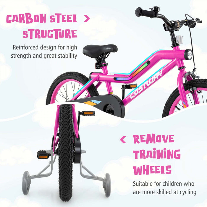 Costway 18" Led Lighted Kids Bike With Adjustable Seat Coaster Brake Training Wheels Pink
