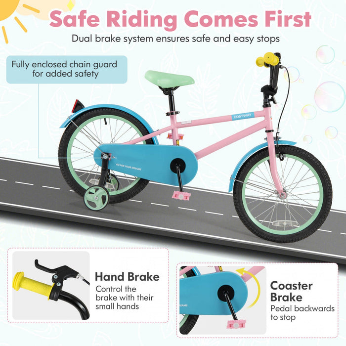 Costway 18" Kids Bike With Adjustable Saddle Handlebar Removable Training Wheels Handbrake Pink