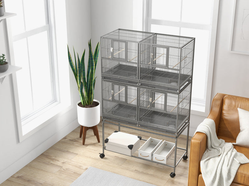 Pawhut 61 Inch Large Double Rolling Metal Bird Cage Bird House With Removable Metal Tray, Storage Sh