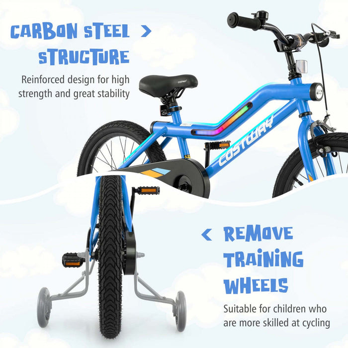 Costway 18" Led Lighted Kids Bike With Adjustable Seat Coaster Brake Training Wheels Blue