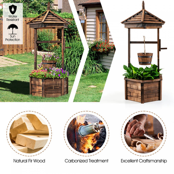 Costway Wooden Wishing Well Hexagonal Bucket Flower Plants Planter Patio Garden Decor