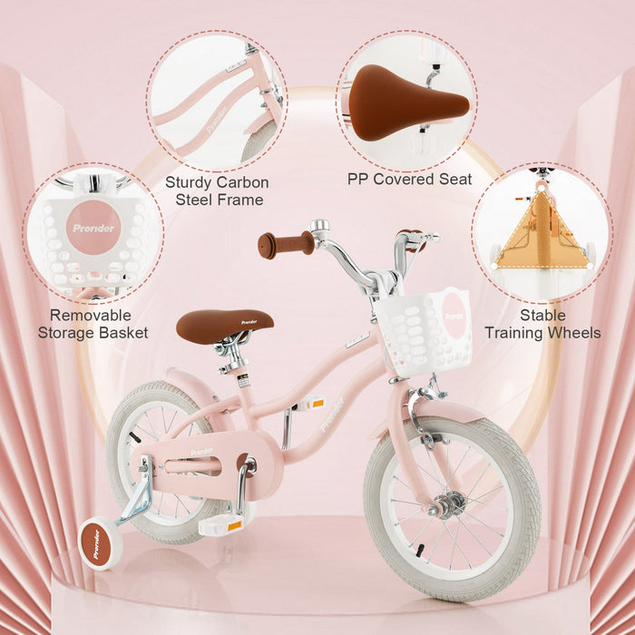 Costway 14" Kid's Bike With Removable Training Wheels & Basket For 3-5 Years Old Pink