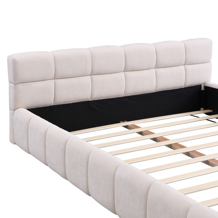 Eleanor Elegant Chenille Upholstered Bed with Checkerboard Design,Queen Size,Beige Queen Bed  