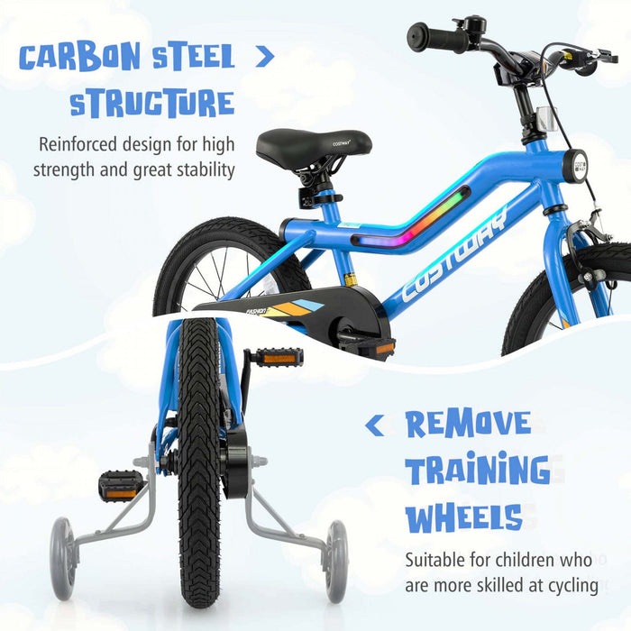 Costway 16" Led Lighted Kids Bike With Adjustable Seat Coaster Brake Training Wheels Blue