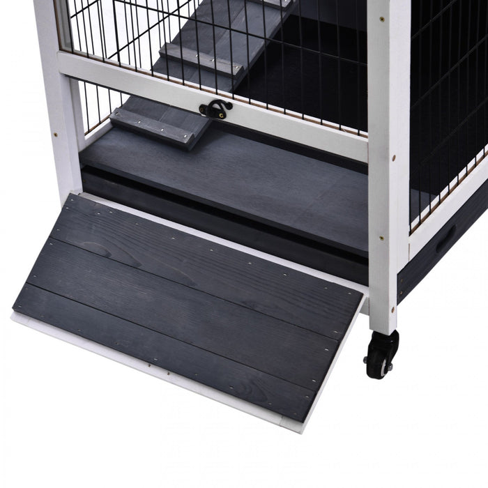 Pawhut Wooden Indoor Rabbit Hutch Elevated Bunny Cage Habitat With Enclosed Run With Wheels, Ideal F