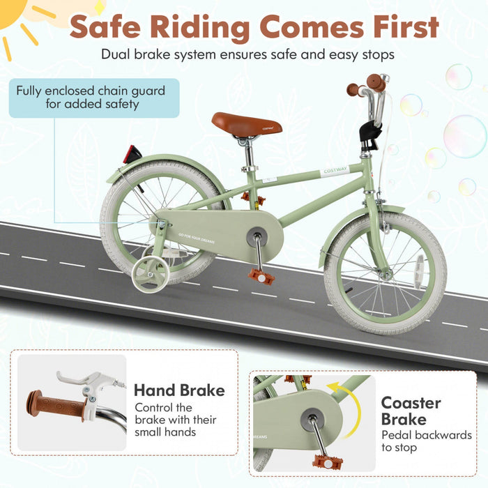 Costway 16" Kids Bike With Adjustable Saddle Handlebar Removable Training Wheels Handbrake Green