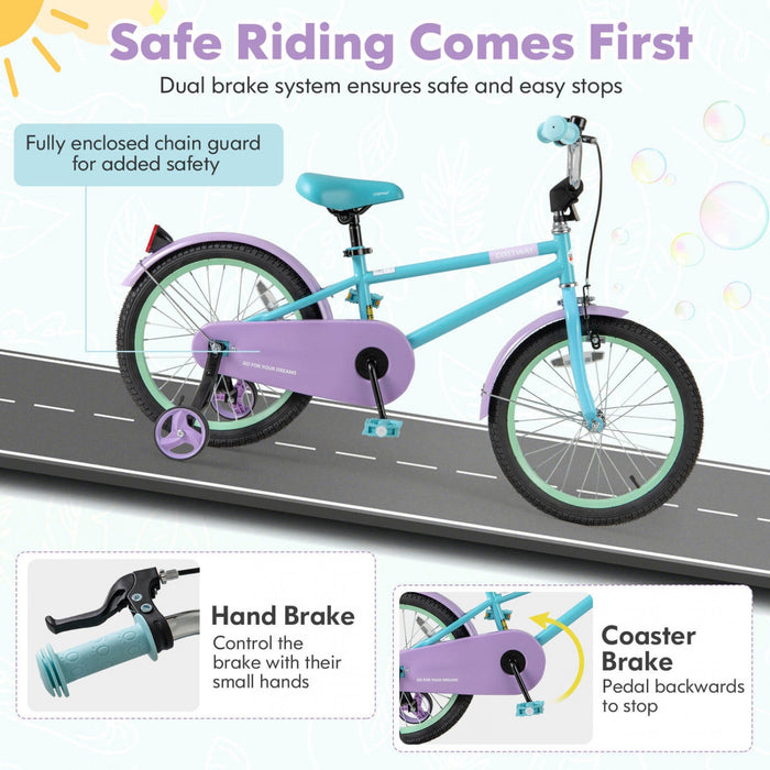 Costway 18" Kids Bike With Adjustable Saddle Handlebar Removable Training Wheels Handbrake Blue