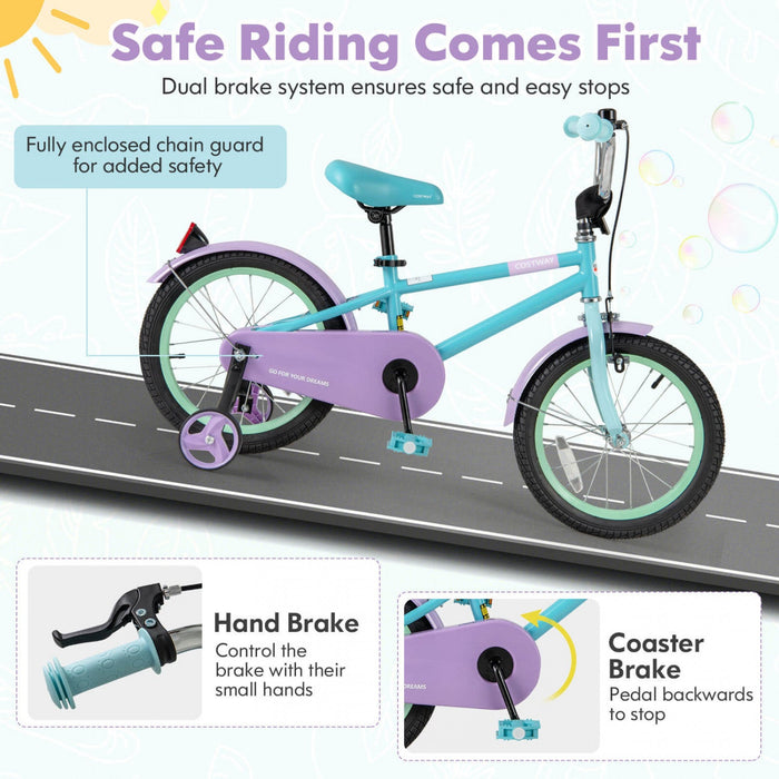 Costway 16" Kids Bike With Adjustable Saddle Handlebar Removable Training Wheels Handbrake Blue