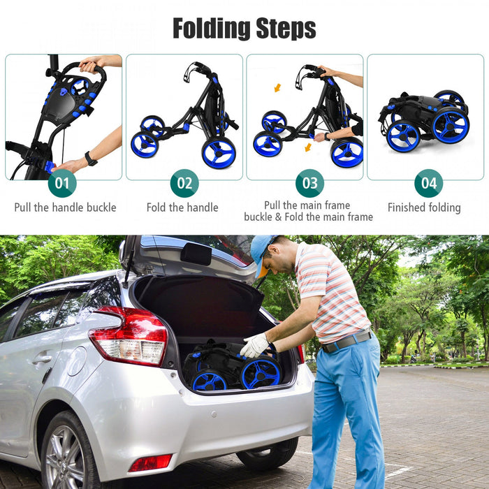 Goplus Folding 4 Wheels Golf Push Cart W/bag Scoreboard Adjustable Handle Blue