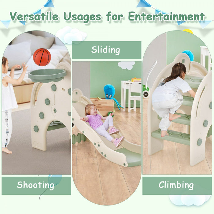 Costway 3-in-1 Toddler Slide With Buffer Zone Basketball Hoop & Ball Elephant Design