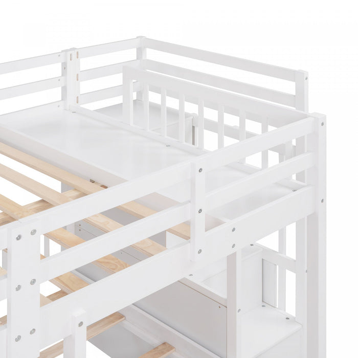 Claire Solid Wood Twin Triple Bunk Bed With Drawers And Guardrails - White 