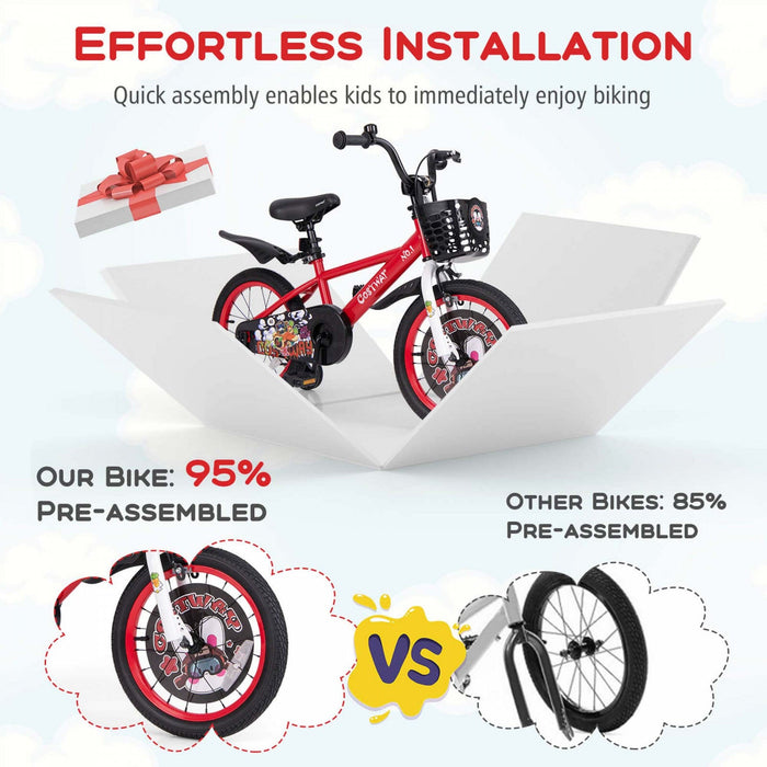 Costway 16" Kid's Bike For 4-7 With Height-adjustable Handlebar & Saddle Handbrake Red