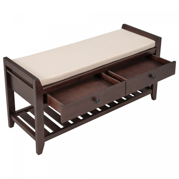 Stephanie Pine Wood Shoe Rack Bench With Cushioned Seat With Storage Drawers - Espresso 