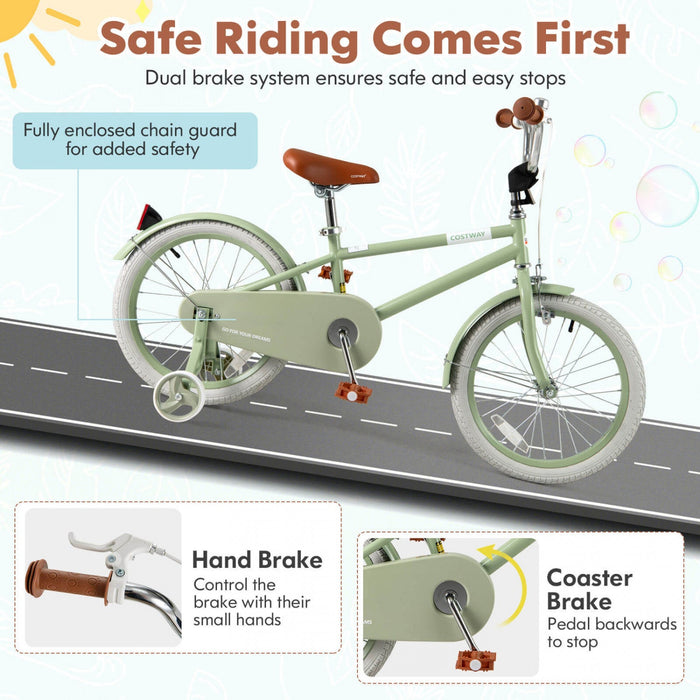 Costway 18" Kids Bike With Adjustable Saddle Handlebar Removable Training Wheels Handbrake Green