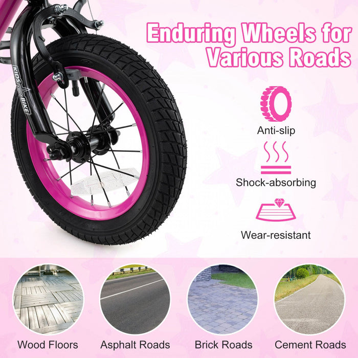 Costway 12" Kid's Bike With Training Wheels Adjustable Handlebar & Seat Handbrake Pink