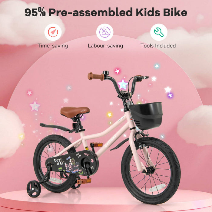 Costway 16" Kid's Bike With Training Wheels Adjustable Handlebar & Seat Handbrake Pink