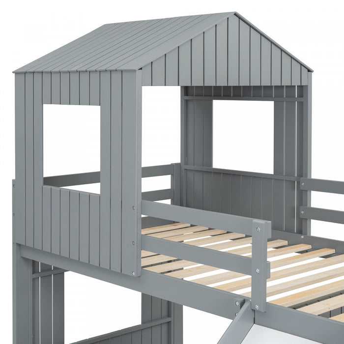 Marico Twin Over Solid Wood Full Bunk Bed With Slide, Playhouse Design - Grey 