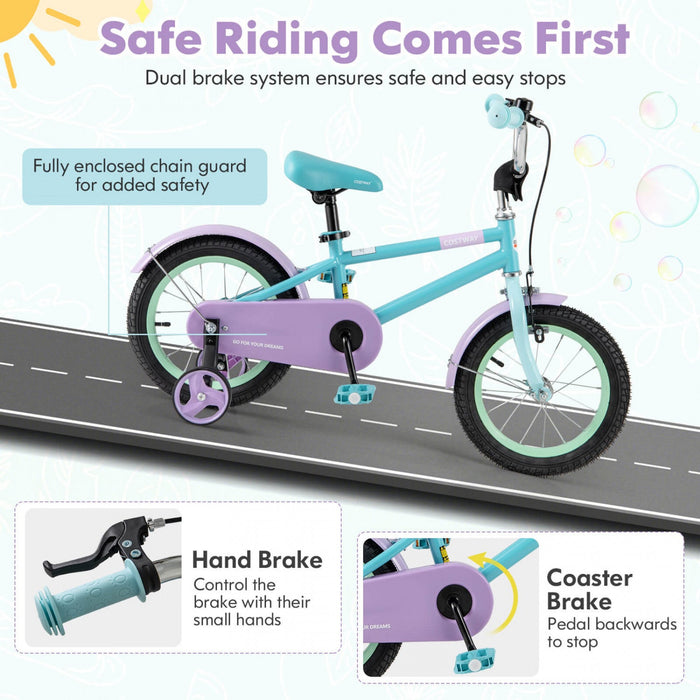 Costway 14" Kids Bike With Adjustable Saddle Handlebar Removable Training Wheels Handbrake Blue