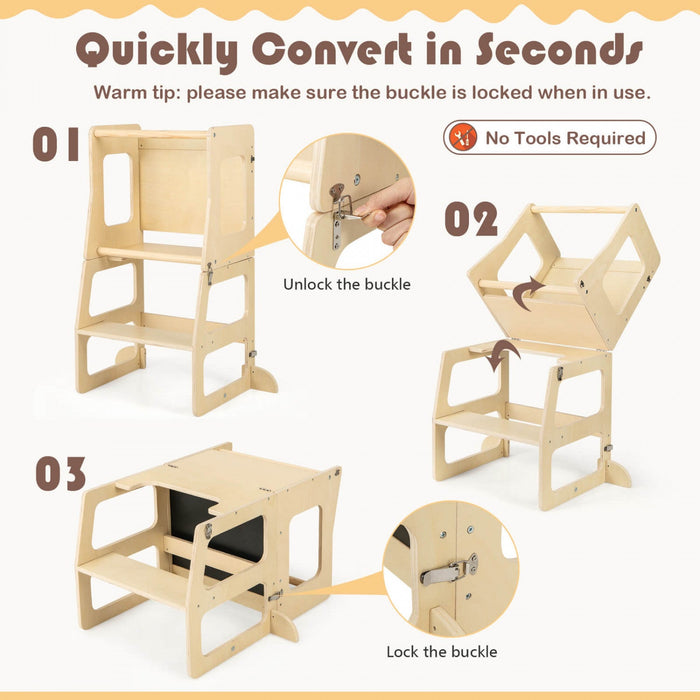 Costway 3-in-1 Foldable Kitchen Standing Tower For Toddlers With Chalkboard Weaning Table Natural