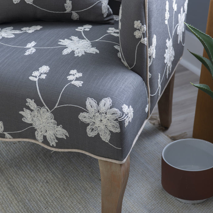 Kenna Embroidered Linen-Look Fabric Floral  Accent Chair - Grey
