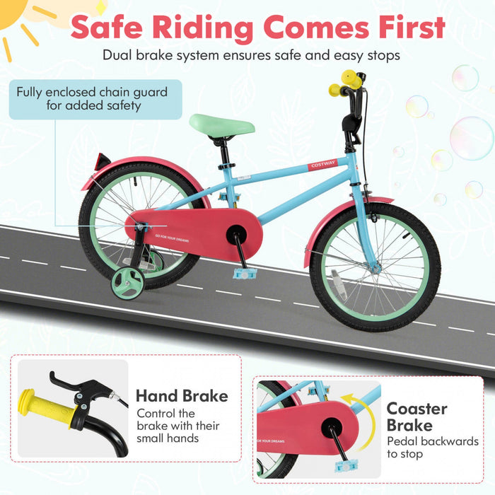 Costway 18" Kids Bike With Adjustable Saddle Handlebar Removable Training Wheels Handbrake Red
