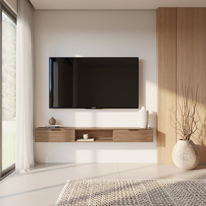 Nordika Slim 72\" Wall-Mounted TV Stand with 2 Storage Cabinets - Light Walnut 