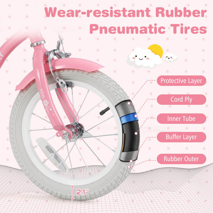 Costway 14" Kid's Bike With Removable Training Wheels & Basket For 3-5 Years Old Pink