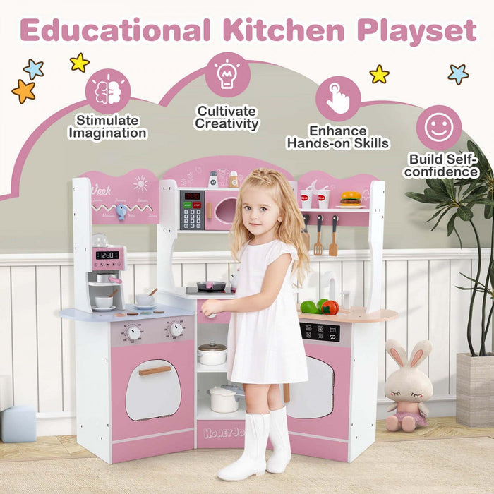 Honeyjoy Corner Kitchen Playset With Coffee Machine Oven Microwave Washing Machine Pink