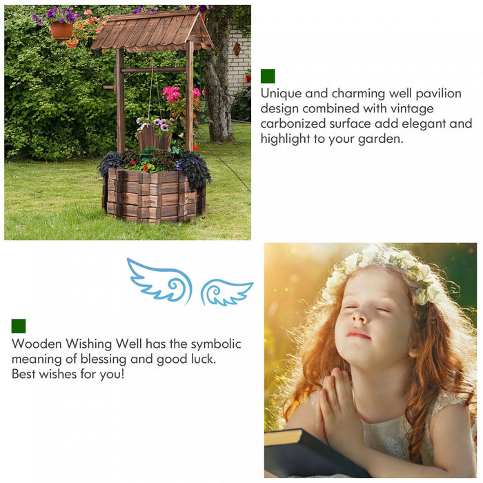 Costway Outdoor Wooden Wishing Well Bucket Flower Plants Planter Garden Home Decor