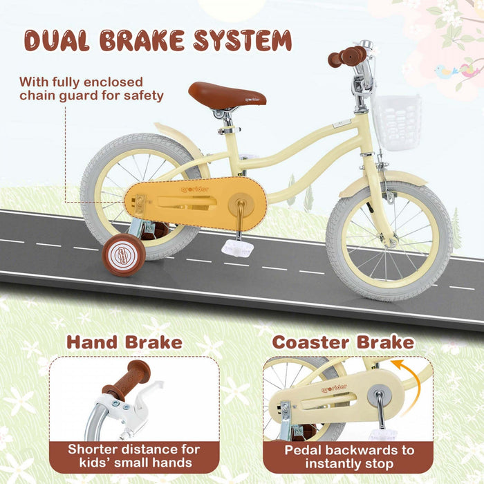 Prorider 14" Kid's Bike With Removable Training Wheels & Basket For 3-5 Years Old Beige