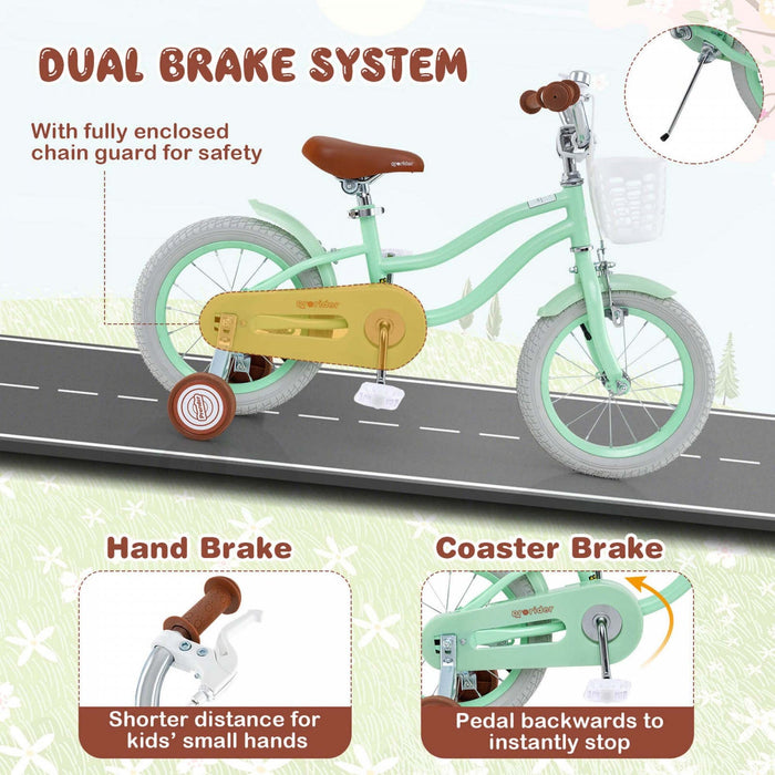 Prorider 14" Kid's Bike With Removable Training Wheels & Basket For 3-5 Years Old Green