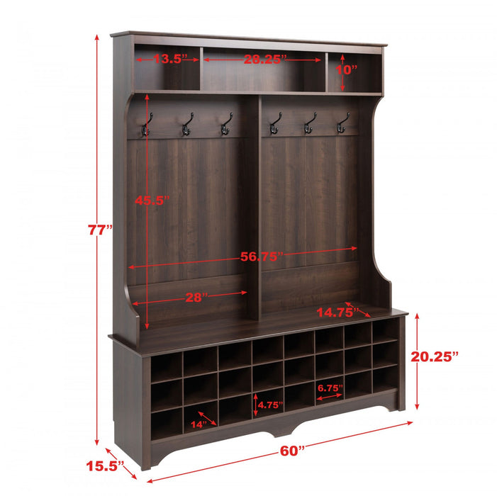 Hall Tree with 24 Shoe Cubbies - Espresso