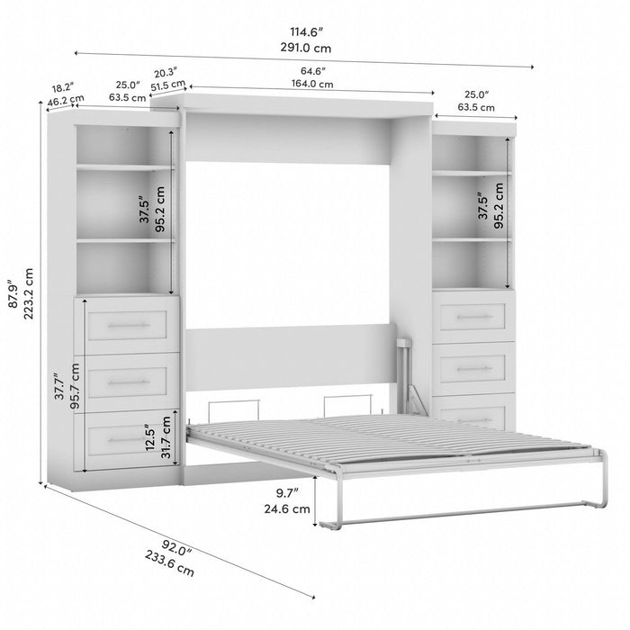 Bestar Pur Queen Murphy Bed and Two Shelving Units with Drawers 115-Inch Wall Bed