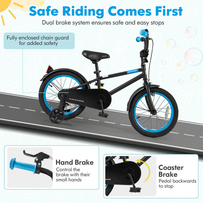 Costway 16" Kids Bike With Adjustable Saddle Handlebar Removable Training Wheels Handbrake Black