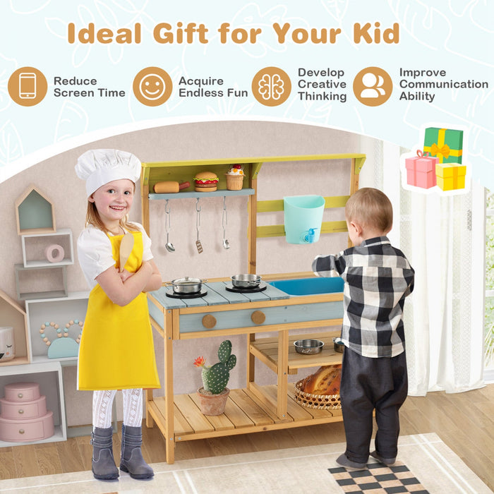 Costway Wooden Play Kitchen Set, Outdoor Kid's Mud Kitchen With Faucet & Water Box