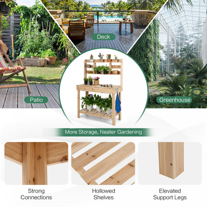 Costway Potting Bench Table Wooden Garden Work Bench Platform With Display Rack Hidden Sink