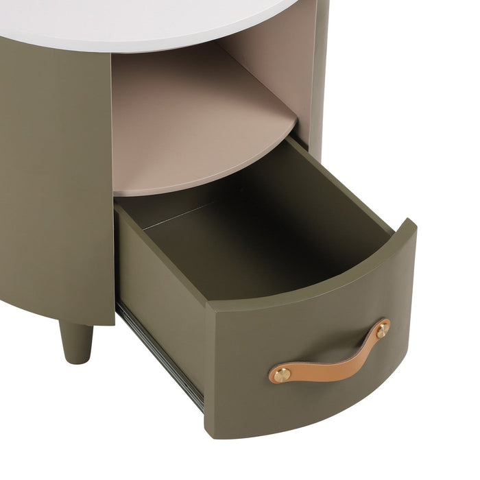 Olivia Modern Curved Design Round Nightstand with Storage Drawer,Green  