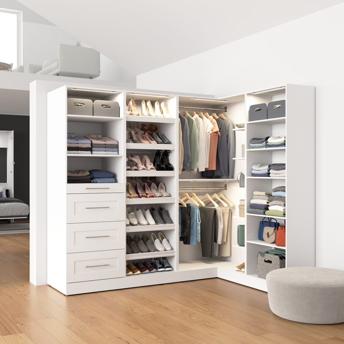Bestar Florence 85\" Modular L-Shaped Walk-In Closet System with LED Lights, Rods, Drawers and Shoe S