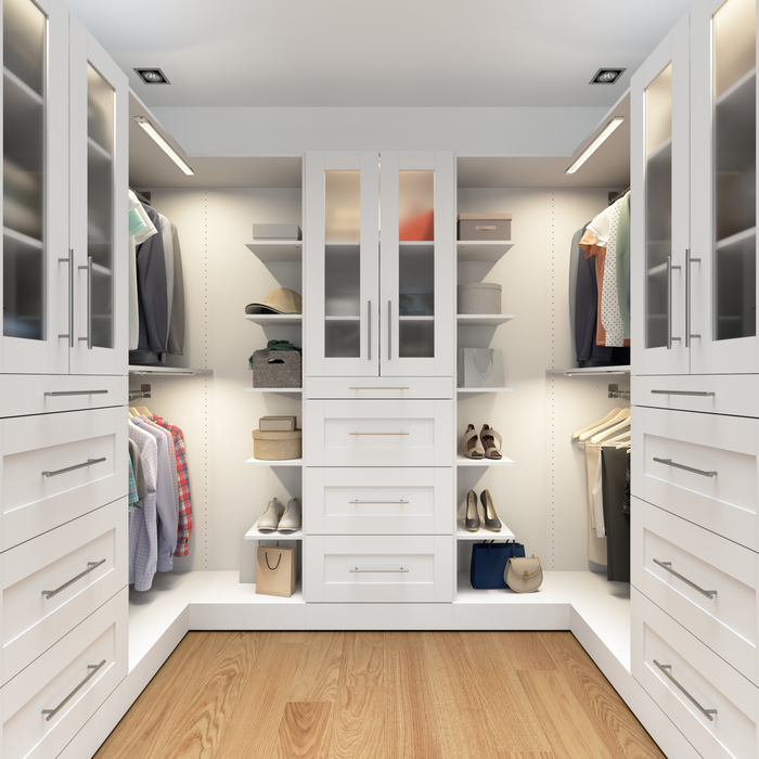 Bestar Florence 113\" Modular U-Shaped Walk-In Closet System with LED Lights, Rods, Shelves, Drawers 