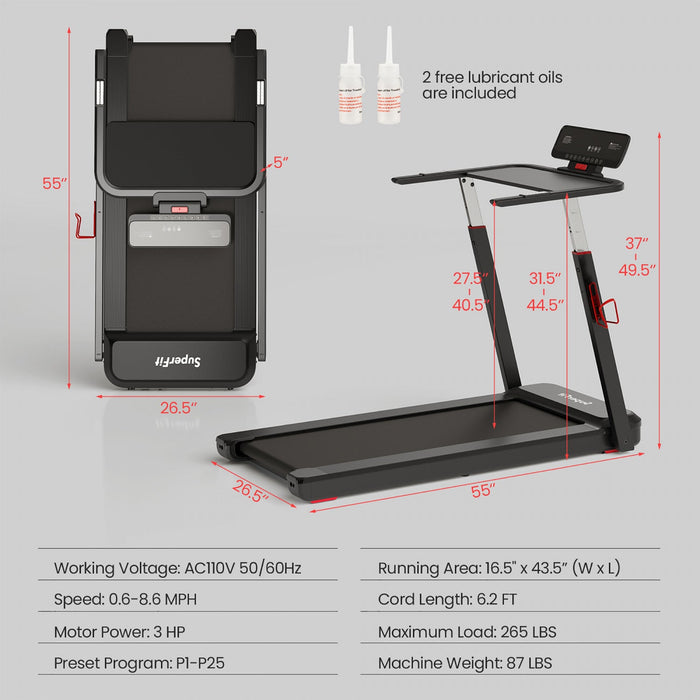 Superfit 3hp Running Machine Folding Treadmill Adjustable Height App Control Table Board