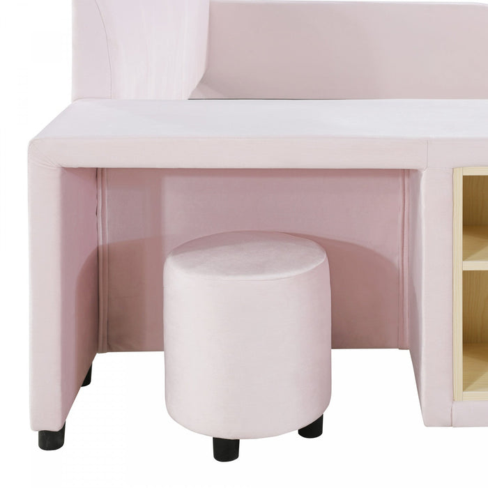 Lily Velvet Upholstered Grounded Bed with Desk and Stool,Full Size,Pink Full Bed  