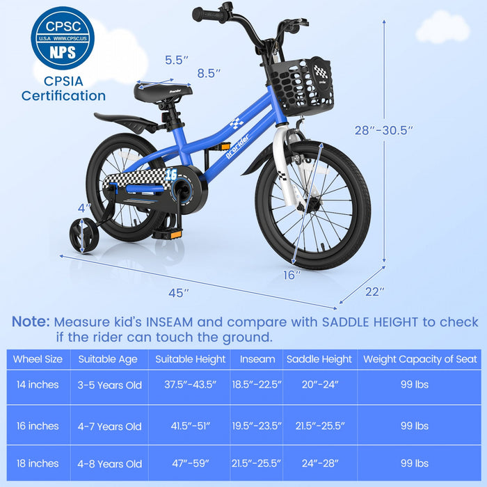 Costway 16" Kid's Bike With Removable Training Wheels & Basket For 4-7 Years Old Blue
