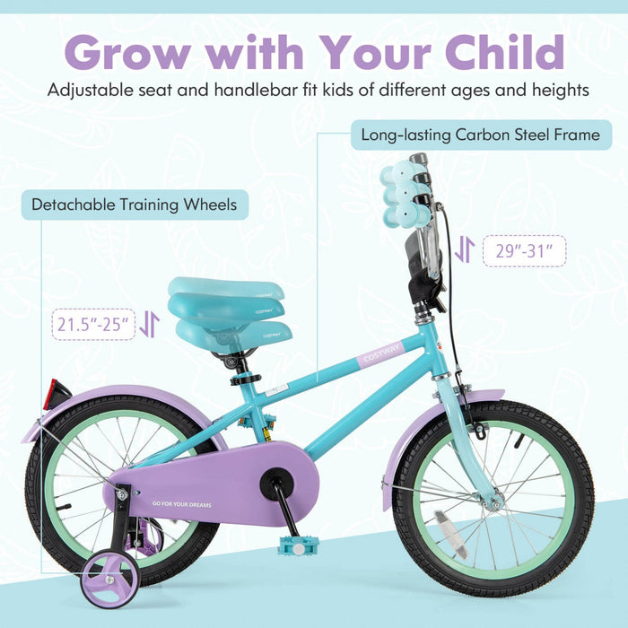 Costway 16" Kids Bike With Adjustable Saddle Handlebar Removable Training Wheels Handbrake Blue