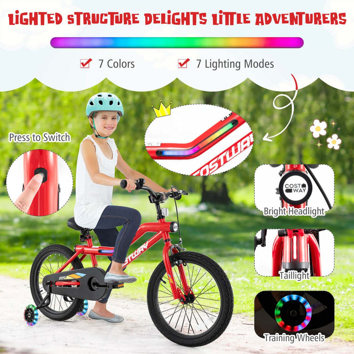 Costway 18" Led Lighted Kids Bike With Adjustable Seat Coaster Brake Training Wheels Red