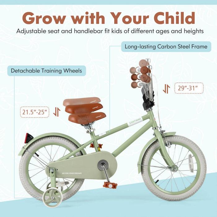 Costway 16" Kids Bike With Adjustable Saddle Handlebar Removable Training Wheels Handbrake Green