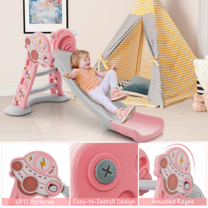 Costway 3-in-1 Kids Indoor Slide With Basketball Hoop & Basketball, Safe Buffer Zone Pink