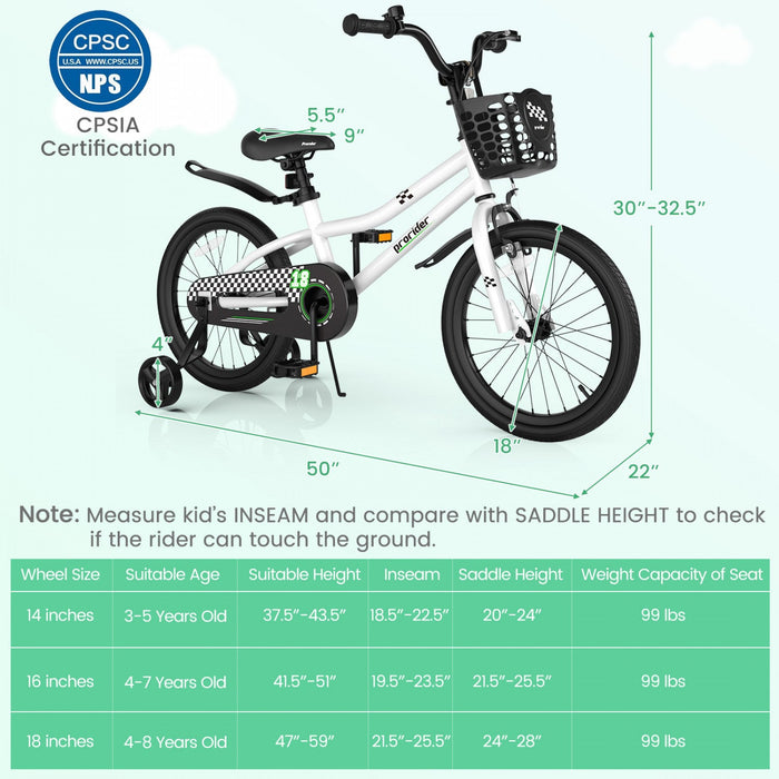 Costway 18" Kid's Bike With Removable Training Wheels & Basket For 4-8 Years Old White
